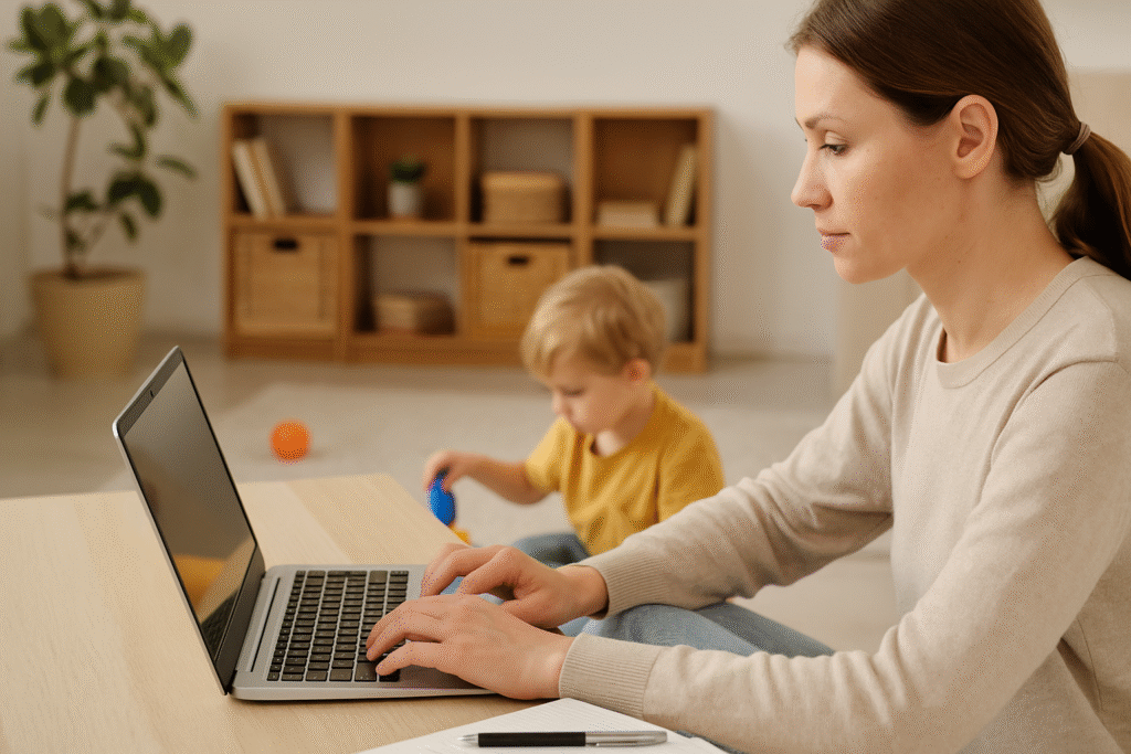 A parent studying on a laptop while their child plays nearby.